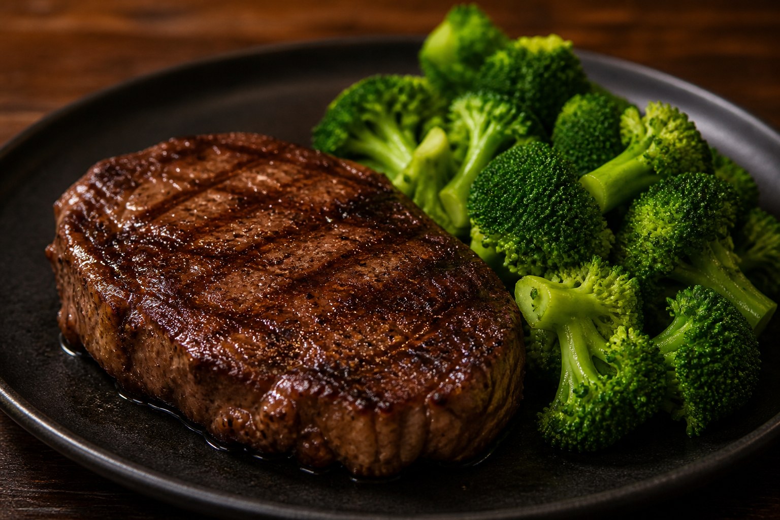 Plain grilled LongHorn steak with steamed broccoli — a lower-sodium style plate