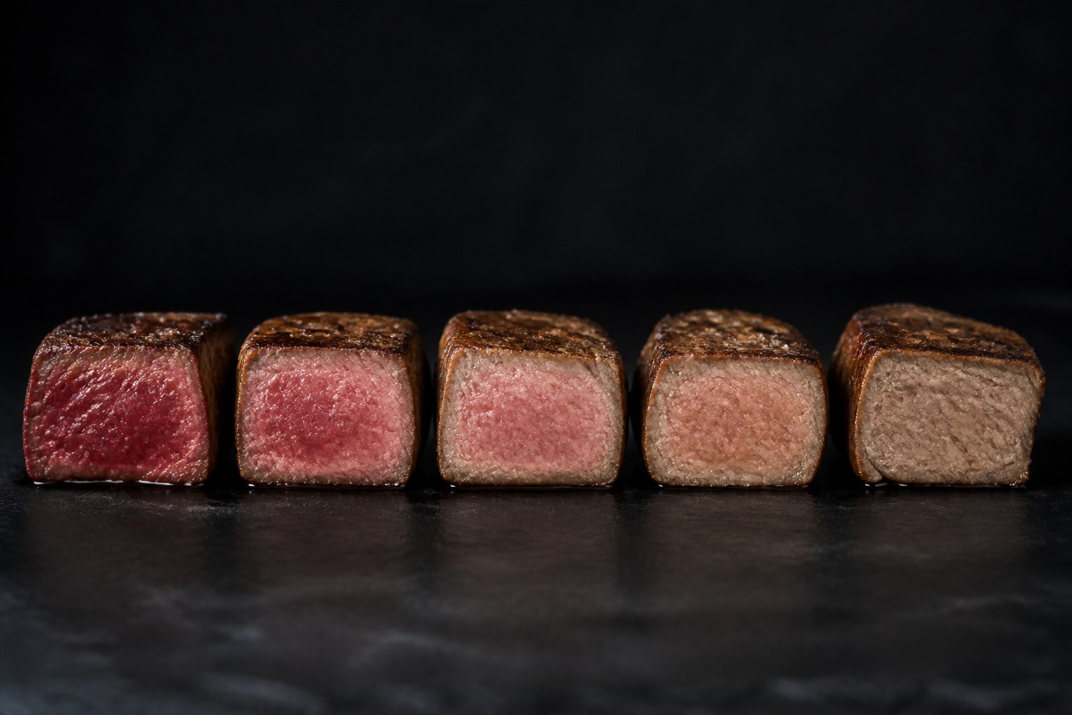 Visual guide to steak doneness levels from rare to well done with temperature and color chart